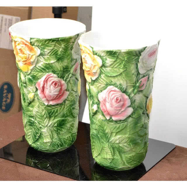 1970s Pair, Italian 3d Majolica Floral Vases Roses Green Pink Yellow Hand-Painted For Sale - Image 5 of 13