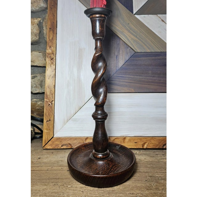 Pair of Antique English Oak Barley Twist Candlesticks For Sale In Charlotte - Image 6 of 14