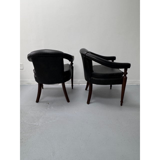 Mid-Century Modern Vintage Tufted Leather Barrel-Back Tub Armchairs, Pair, C. 1970s For Sale - Image 3 of 18
