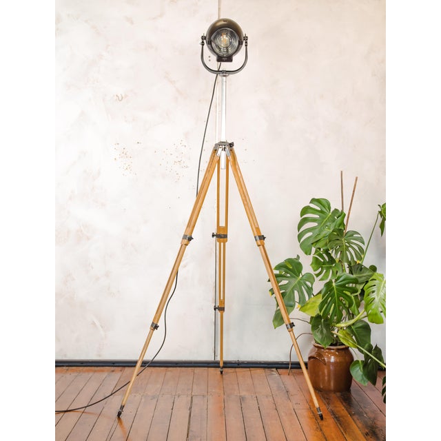 Matte Black Electric Patt 123 Theater Lamp on Wooden Tripod Floor Lamp from Strand, 1950s For Sale - Image 9 of 18