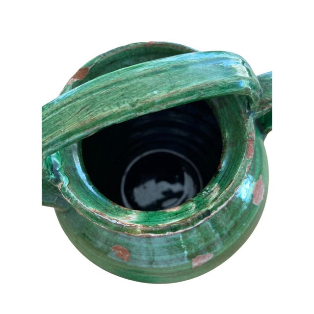 Antique French Green Glazed Gargoulette Pitcher Terracotta W/ Lid 10.5") For Sale - Image 4 of 6