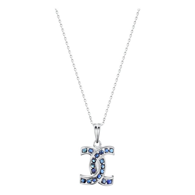 Sapphire Double 'C' Necklace 14k White Gold For Sale