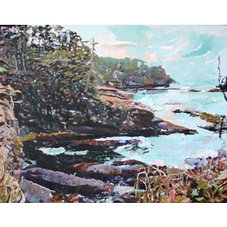 Cape Flattery IV by Carrie Goller | Oil and Cold Wax on Wood Panel Coastal landscape with water and trees. For Sale