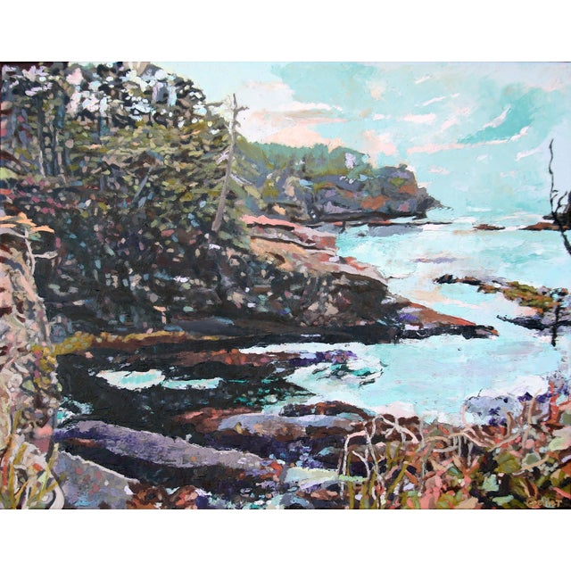 Cape Flattery IV by Carrie Goller | Oil and Cold Wax on Wood Panel Coastal landscape with water and trees. For Sale