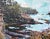 Cape Flattery IV by Carrie Goller | Oil and Cold Wax on Wood Panel Coastal landscape with water and trees. For Sale