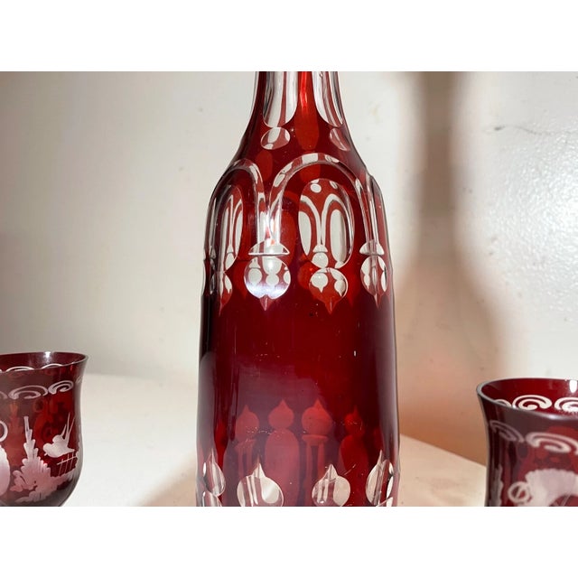Antique Cut to Clear Crystal Moser Czech Bohemian Etched Red Glass Decanter - Set of 3 For Sale - Image 4 of 12