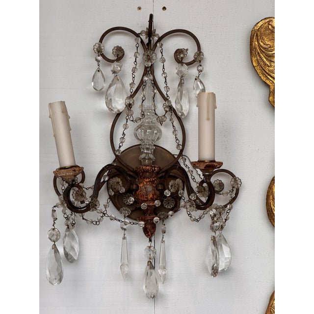 Italian Pair of Italian Bronze and Crystal Sconces For Sale - Image 3 of 8