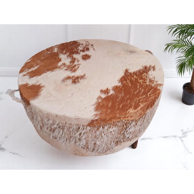 Vintage African Drum Coffee Table Cowhide Table Glass Top Large, 1960s For Sale - Image 14 of 17