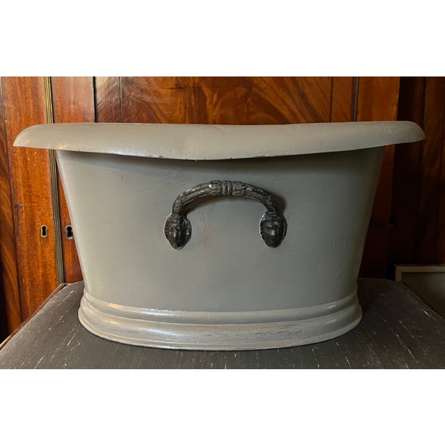 Antique 19th Century French Second Empire Tole Gray Painted Oval Jardiniere Cachepot Planter With Mask Handles For Sale - Image 17 of 18