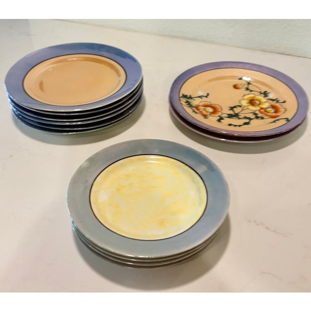1920’s Chinoiserie Peach and Blue Lusterware Plates-Set of 12 For Sale In Palm Springs - Image 6 of 9