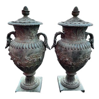 51”h Spectacular Miami Beach Vintage Urn With Lid Classic Cast Bronze Verdigris Patinated - A Pair For Sale