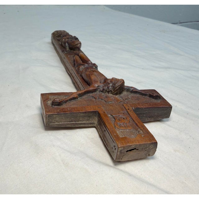 Antique 1700's Hand Carved Wood Religious Jesus Christ Crucified Cross Sculpture For Sale - Image 13 of 14