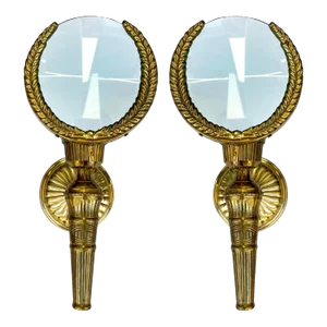 Mid-Century Neo- Classical Style Cast Brass Magnifying Glass Sconces - Pair
