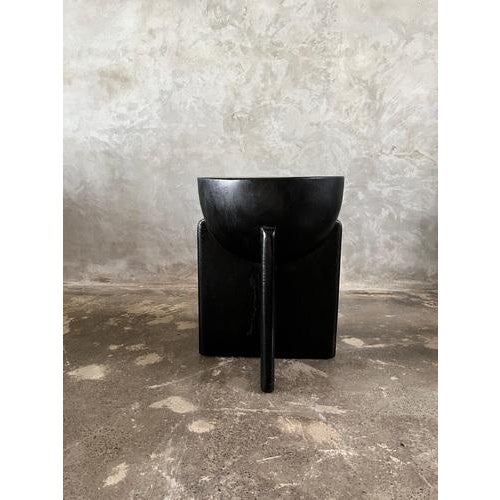 Wood Blackened Mango Wood Stool with Semi-Circular Seat with Crossed Base For Sale - Image 7 of 18