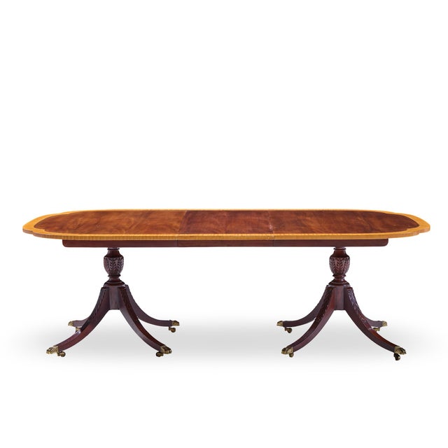 Brown Councill Craftsmen Mahogany Inlaid Double Pedestal Expanding Dining Table With 3 Leaves For Sale - Image 8 of 15