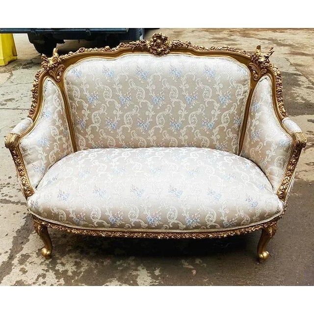 French Style Tan Sofa With 2 Pillows and Gold Details For Sale In Miami - Image 6 of 8