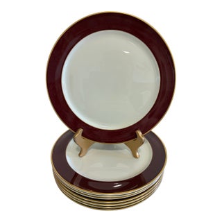 Vintage Pickard Fine China Dinner Plates, Set of 8, Burgundy & Gold Band For Sale