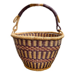 Vintage Handwoven African Market Basket | Purple & Natural Woven Storage Basket | Boho Home Décor | Ghana Bolga Basket For Sale