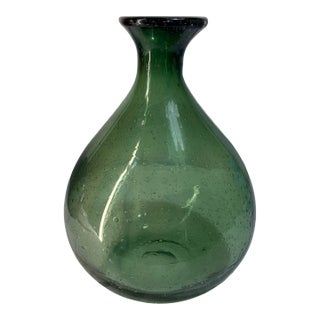 Vintage Mid-Century Hand-Blown Green Bubble Glass 6" Onion Vase - Polished Pontil For Sale