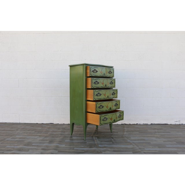 1950s French Provincial Hand-Painted Green Tall Chest of Drawers For Sale - Image 13 of 18
