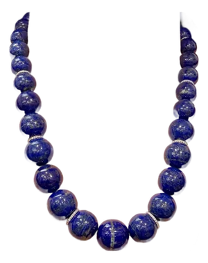 Certified Vintage Lapis Lazuli Single Strand Diamond Necklace 14 Kt White Gold