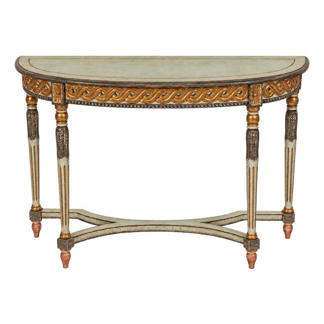 Mid-Century Italian Neoclassical Painted and Gilt Demilune Console Table For Sale