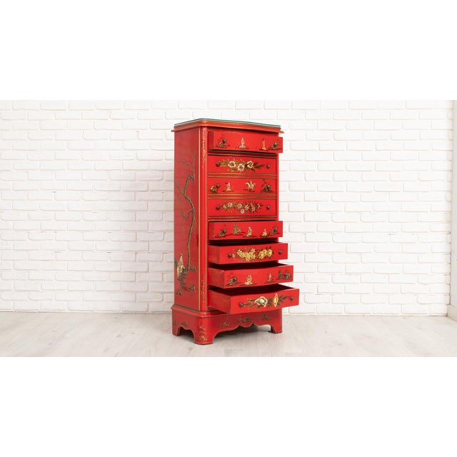 Mid-Century Red Lacquer Chinoiserie Secretary Chest and Side Tables, 1960s, Set of 3 For Sale - Image 4 of 8