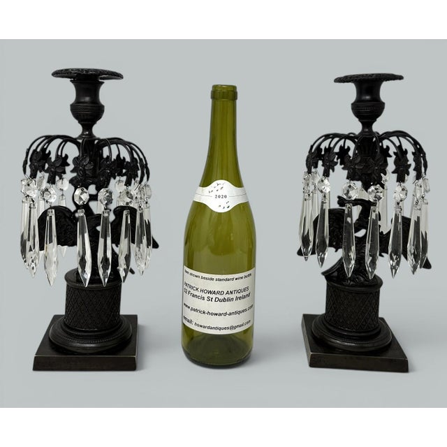 Antique Pair Regency Bronze Crystal Lustres Candlesticks Candelabra Eagles Prisms For Sale - Image 11 of 15