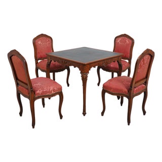 Vintage Leather Top Louis XV Style Carved Table W. 4 Chairs For Sale