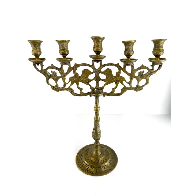 Ornate Vintage Brass Five-Arm Candelabra With Stylized Lions and Hand-Etched Detail For Sale - Image 14 of 16