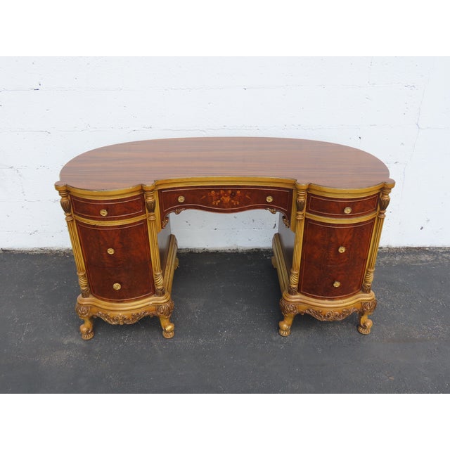French Early 1900s Kidney Shape Carved Inlaid Writing Desk 6885 For Sale - Image 14 of 18