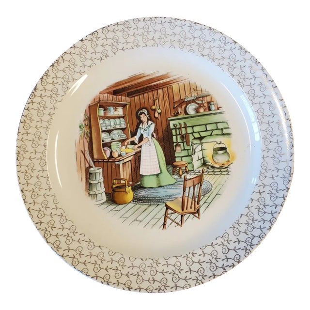 Primitive Depiction of Early American Life Plate, Taylor Smith and Taylor For Sale