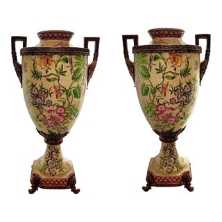 Pair of Late 20th Century Chinoiserie Porcelain Vases With Metal Accents, Botanical Floral, 16.5"h For Sale