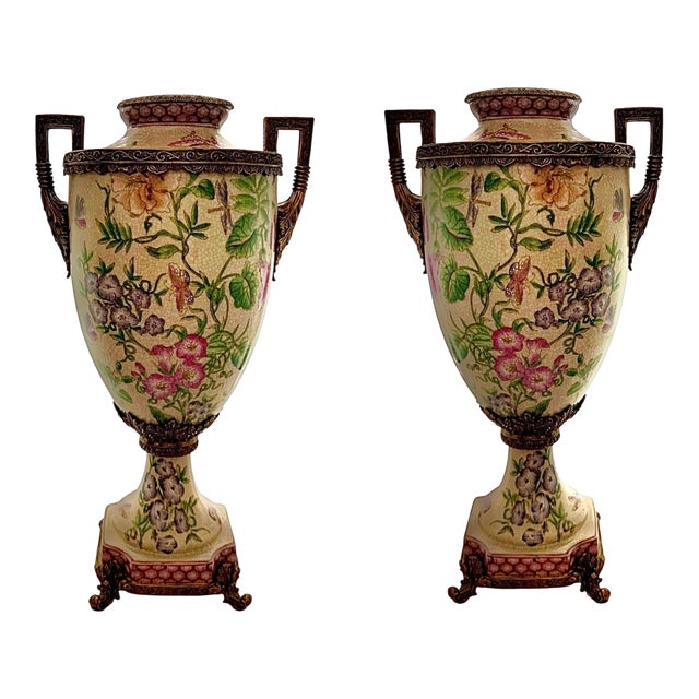 Pair of Late 20th Century Chinoiserie Porcelain Vases With Metal Accents, Botanical Floral, 16.5"h For Sale