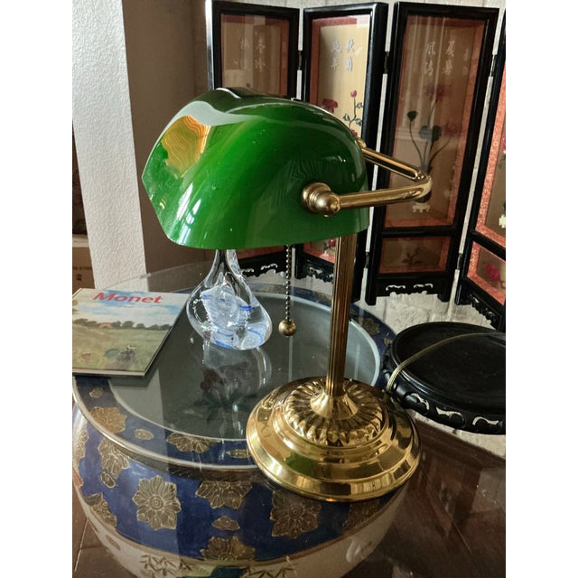 Metal Vintage Bankers Desk With Green Glass Shade For Sale - Image 7 of 10