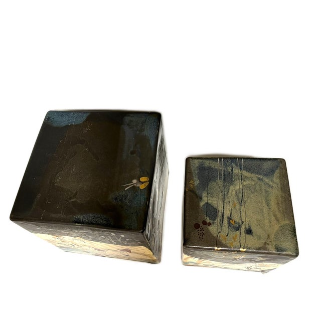 Set of Two Painted Glazed Ceramic Cubes Formerly Collected by Steel Case For Sale - Image 9 of 12