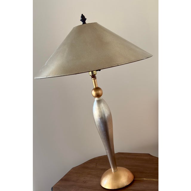 1980s Postmodern Lam Lee Group "Leeazanne" Silver & Gold Leaf Table Lamp For Sale - Image 4 of 10