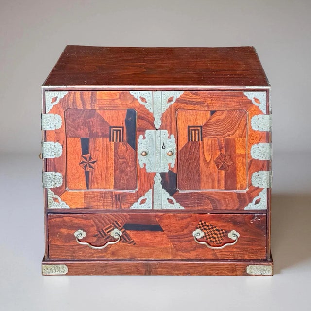 Japanese Antique Japanese Yosegi-Zaiku Inlaid Parquetry Tansu Cabinet With Brass Fittings For Sale - Image 3 of 9