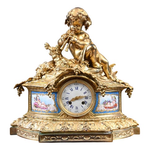 French Rococo Mantel Clock with Gilt Cherub from Sevres, 1890s For Sale