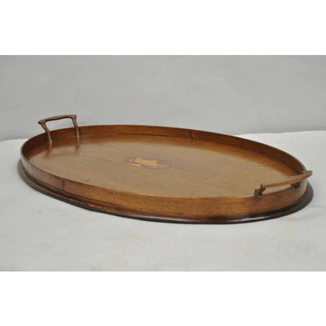 Early 20th Century Antique English Edwardian Oval Mahogany Butlers Bar Serving Tray With Urn Inlay For Sale - Image 5 of 12