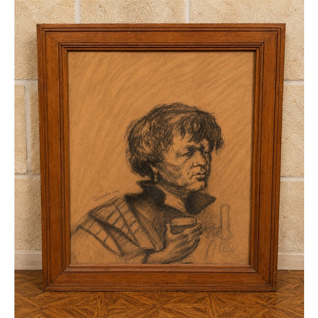 1920s Important Charcoal Drawing on Paper Portrait of a Woman with a Glass Signed and Dated 1947, 1920s, Charcoal For Sale - Image 5 of 6