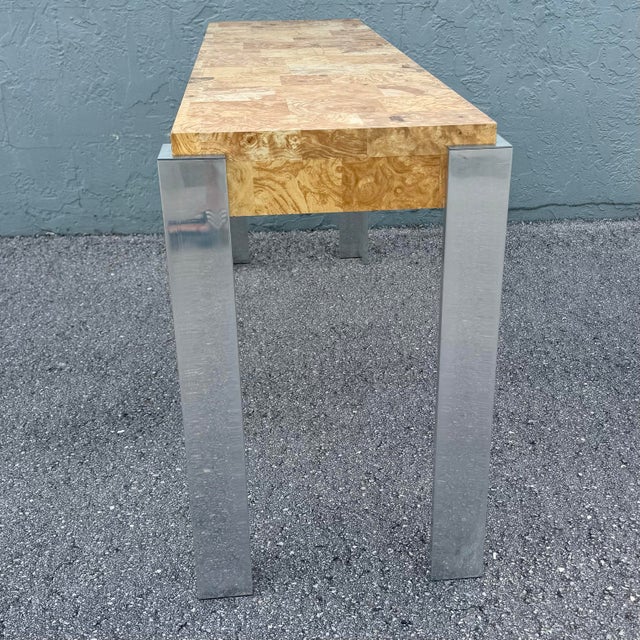 1980s Mid-Century Modern Burlwood Laminate and Chrome Console Table For Sale - Image 5 of 8