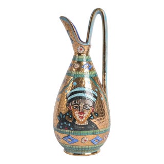 Vintage Deruta Italian 24kt Gold Plated Hand Painted Mosaic Byzantine Style Pitcher For Sale