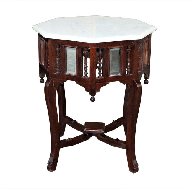 Victorian Decorative Foyer Table With Marble Top | Solid Teak Wood End Table | Handmade Living Room Side Table | Distressed Brown Table For Sale - Image 3 of 3