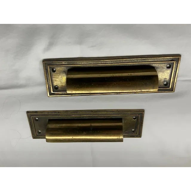 Fantastic Early 20th Century one-of-a-kind brass drawer pulls or mail-slots. (Could be used for either) Extra-large Never...
