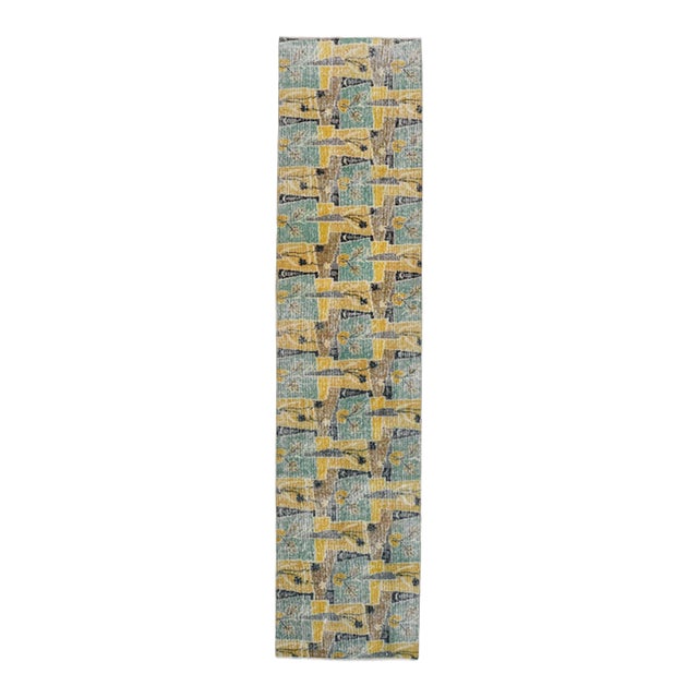 1970s Vintage Turkish Handmade Wool Cotton Green Yellow Runner Rug For Sale