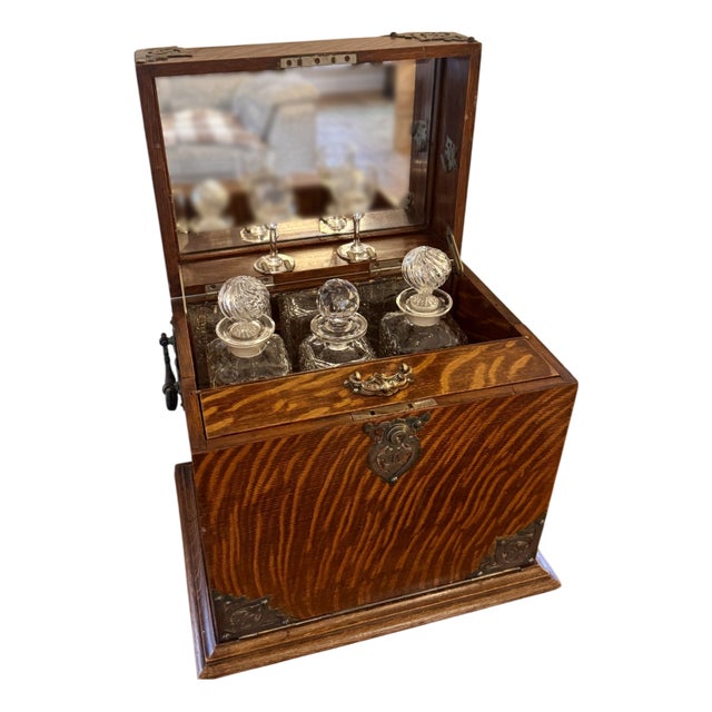 Antique Victorian Oak Decanter and Games Box, 1880, Set of 6 For Sale