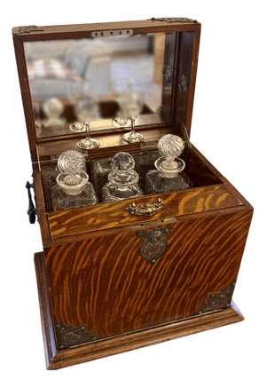 Antique Victorian Oak Decanter and Games Box, 1880, Set of 6