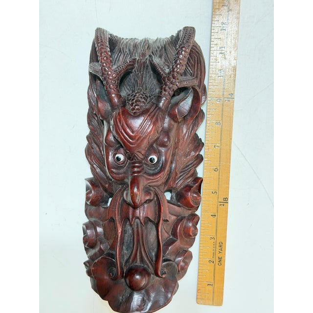 Folk Art Vintage Indonesian Hand-Carved Horned Guardian Wall Mask With Inset Eyes For Sale - Image 3 of 12