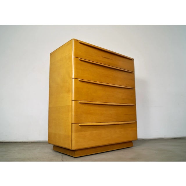 1950's Midcentury Modern highboy dresser for sale. Was manufactured by Heywood Wakefield, and is stamped and dated 1957....